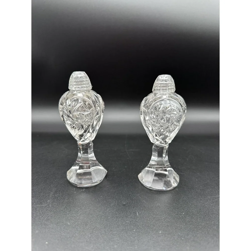 Vintage Cut Clear Crystal‎ Bohemian Glass Pedestal Salt & Pepper Shaker Set